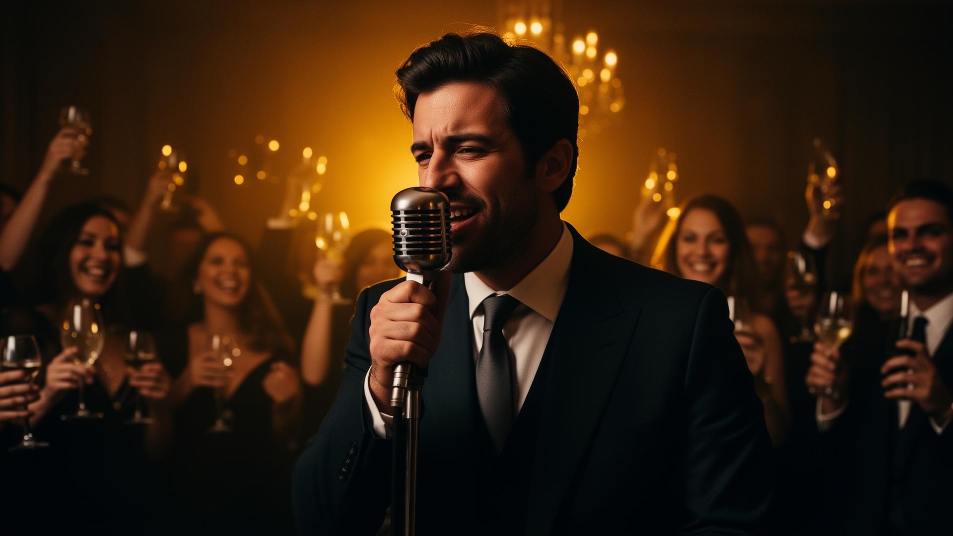Singergram professional singer performing a live singing telegram with a vintage microphone
